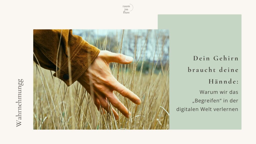 Hand streicht durch hohes Gras und dazu der Text: Dein Gehirn braucht deine Hände - Warum wir das Begreifen in der digitalen Welt verlernen.